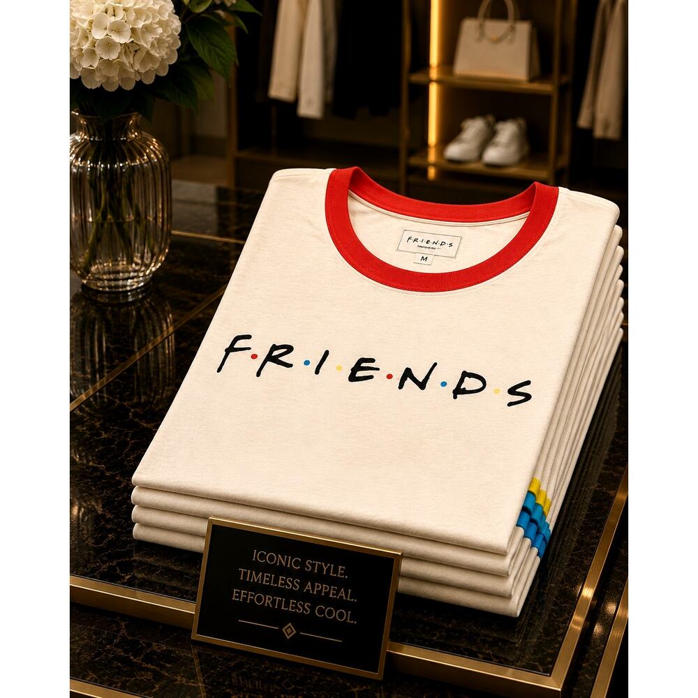 Friends Rainbow T-shirt Beige with Multicolor Neck and Cuffs M
